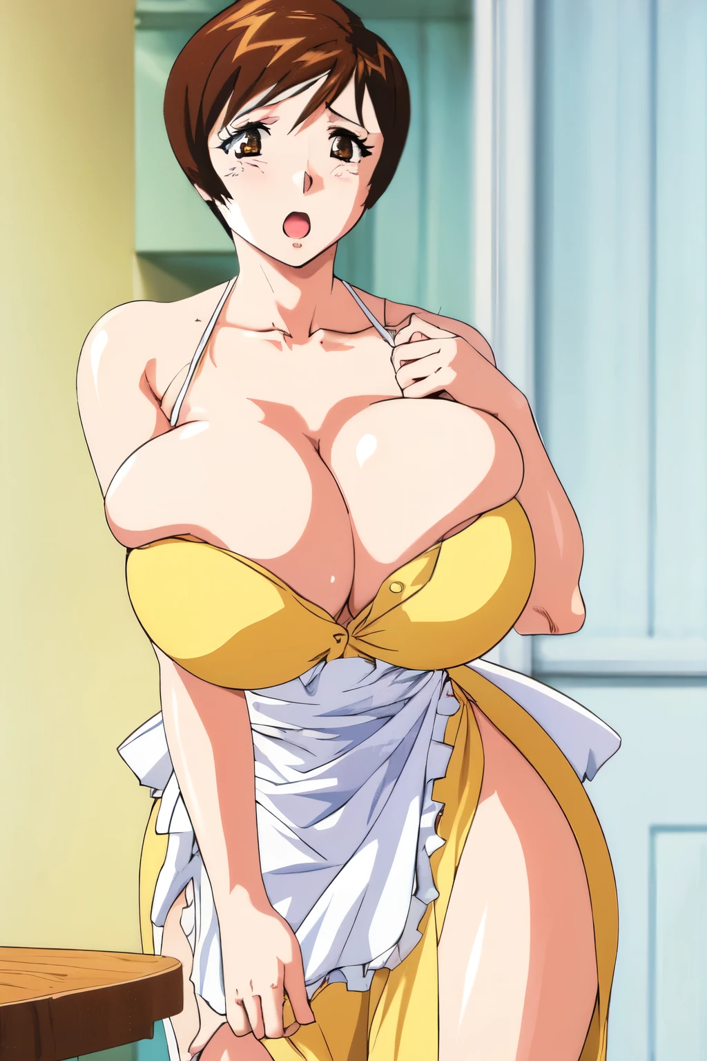 masterpiece, highest quality, High resolution, One girl, alone, sexual intercourse, Pornographic images, short hair, etsukoto, Brown eyes, fine grain, fine grain, (((Thick thighs, Plump thighs, Voluptuous thighs, Thighs alone are enough))), Huge and ample breasts, Cleavage, Huge long breasts, Naughty big,((Big breasts are important))、((Naughty thighs)), L Cup, (thin:1.4),(Tight waist:1.4),  (Yellow Dress:1.4), ((white waist apron)), White panties, anguish, :o, blush, (((Simple Background))), ((Wide Hips)), Shiny, Oily skin, Mature mother, Calf, Seductive mature woman, Perfect body, Plus Size Model, etsukoto, blush, clavicle, retro artstyle, 1990s (style), nsfw,