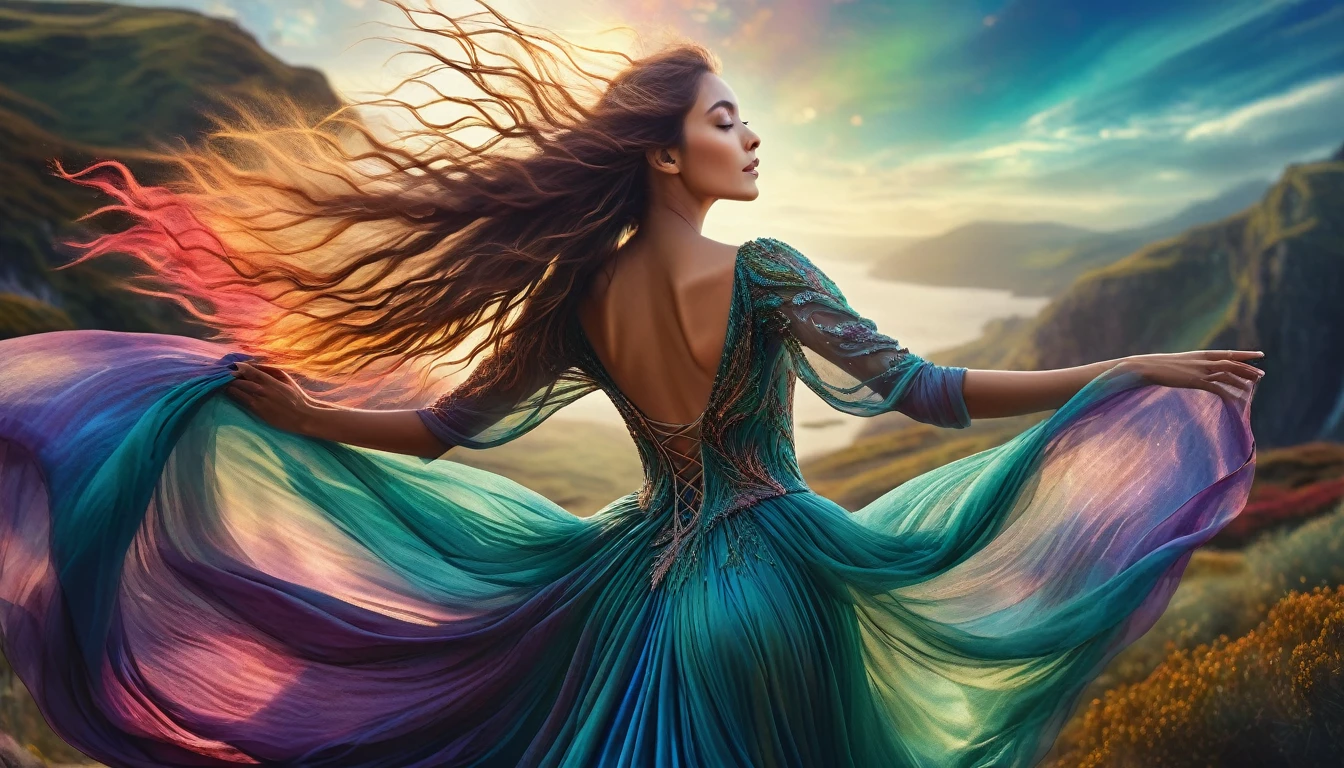 a breathtakingly beautiful woman with arms outstretched, hair flowing in the wind, wearing a stunning sensual dress, set against a magical fantasy landscape, ethereal lighting, highly detailed, vibrant colors, photorealistic, intricate details, dramatic composition, cinematic atmosphere, captivating expression, elegant pose, graceful movement, mesmerizing, dreamlike, otherworldly