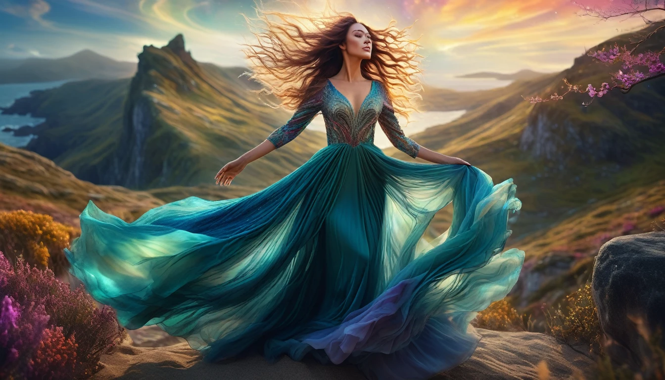 a breathtakingly beautiful woman with arms outstretched, hair flowing in the wind, wearing a stunning sensual dress, set against a magical fantasy landscape, ethereal lighting, highly detailed, vibrant colors, photorealistic, intricate details, dramatic composition, cinematic atmosphere, captivating expression, elegant pose, graceful movement, mesmerizing, dreamlike, otherworldly