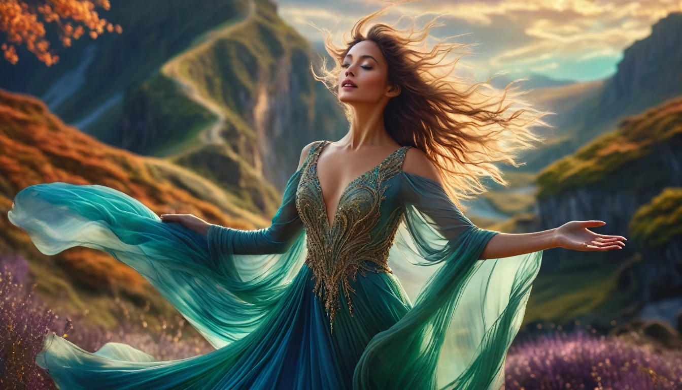 a breathtakingly beautiful woman with arms outstretched, hair flowing in the wind, wearing a stunning sensual dress, set against a magical fantasy landscape, ethereal lighting, highly detailed, vibrant colors, photorealistic, intricate details, dramatic composition, cinematic atmosphere, captivating expression, elegant pose, graceful movement, mesmerizing, dreamlike, otherworldly