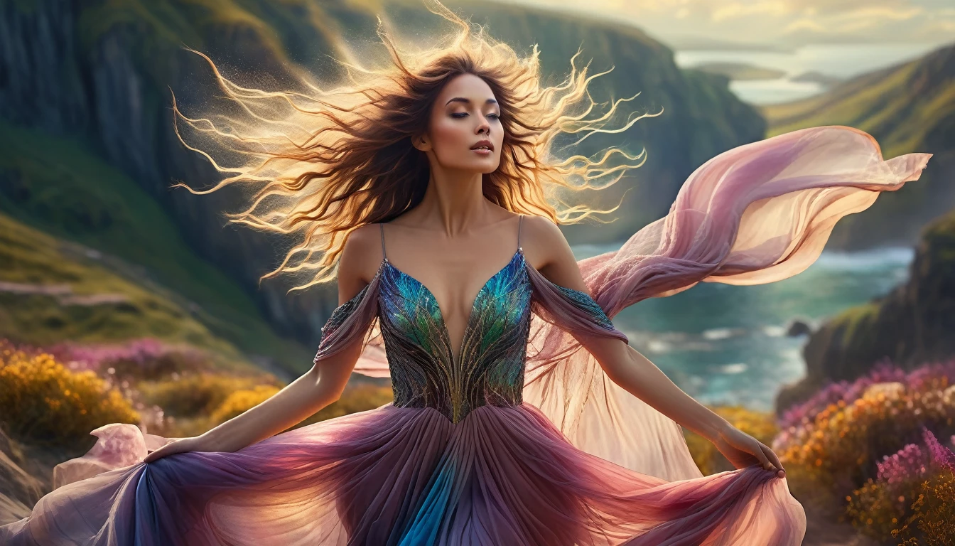 a woman in a long dress standing on a beach with a swirl of light, woman spinning in a circle twirling dress, flowing magical robe, dress made of fire, swirling magical energy, fantasy woman, dramatic lighting fantasy, beautiful celestial mage, glowing with magic, fantasy gorgeous lighting, flowing robes, flowing dress, fantasy photoshoot, neon colors flowing gown, colorful swirling luminescent dress, goddess of light, softly swirling magical energy