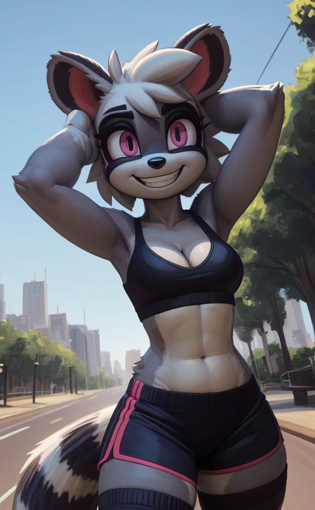 [tangle the lemur], [sonic the hedgehog], [Uploaded to e621.net; (Pixelsketcher), (wamudraws), (napalm_express)], ((masterpiece)), ((HD)), ((solo portrait)), ((front view)), ((full body)), ((detailed fur)), ((detailed shading)), ((cel shading)), ((beautiful render art)), ((intricate details)), {anthro, (slim figure), (grey fur), black nose, animal ears, cute pink eyes, short eyelashes, short hair, hair bang, (long lemur tail), (curvy hips), (beautiful legs), (thick thighs), (excited grin)}, (blank swimming shorts), (cleavage), (leggings),  (white gloves)}, {(standing), (hands on head), (looking at viewer)}, [background; (city), (park), (blue sky), (sun rays)]