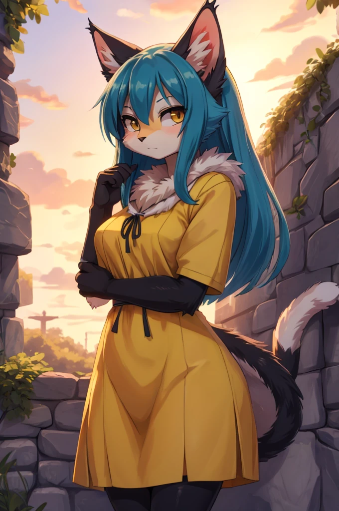 a woman with long blue hair and cat ears is standing in front of a stone wall, beautiful chica gata anime, muy hermosa chica gato anime, estilo anime 4k, mikudayo, cute chica gata anime, chica anime con cabello verde azulado, high quality anime art style, chica gata anime, extremely detailed artistic germ, fondo de pantalla de anime hd.  Con con blusa negra ombliguera de olanes, una mini falda negra con detalles en rosa de olanes 