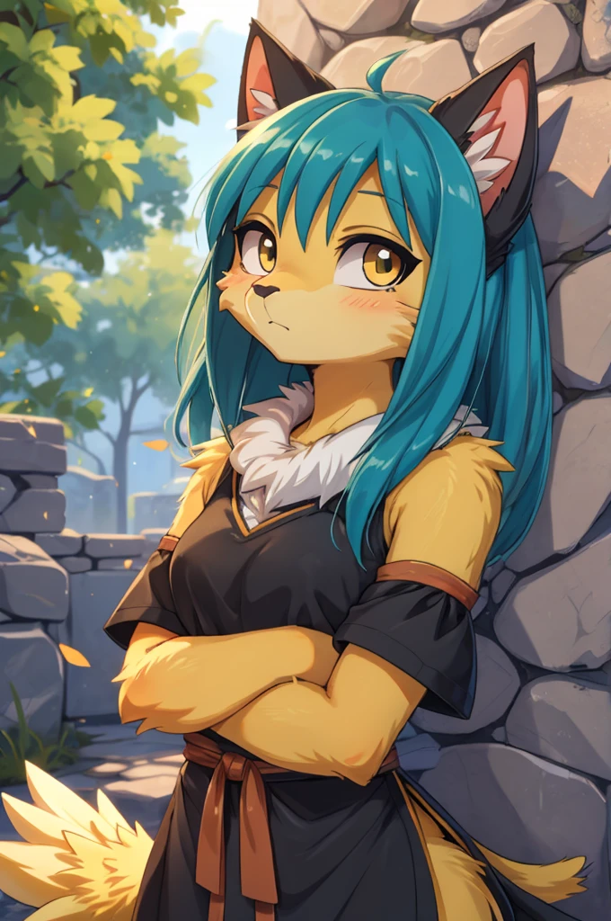 a woman with long blue hair and cat ears is standing in front of a stone wall, beautiful chica gata anime, muy hermosa chica gato anime, estilo anime 4k, mikudayo, cute chica gata anime, chica anime con cabello verde azulado, high quality anime art style, chica gata anime, extremely detailed artistic germ, fondo de pantalla de anime hd. Con con blusa negra ombliguera de olanes, una mini falda negra con detalles en rosa de olanes