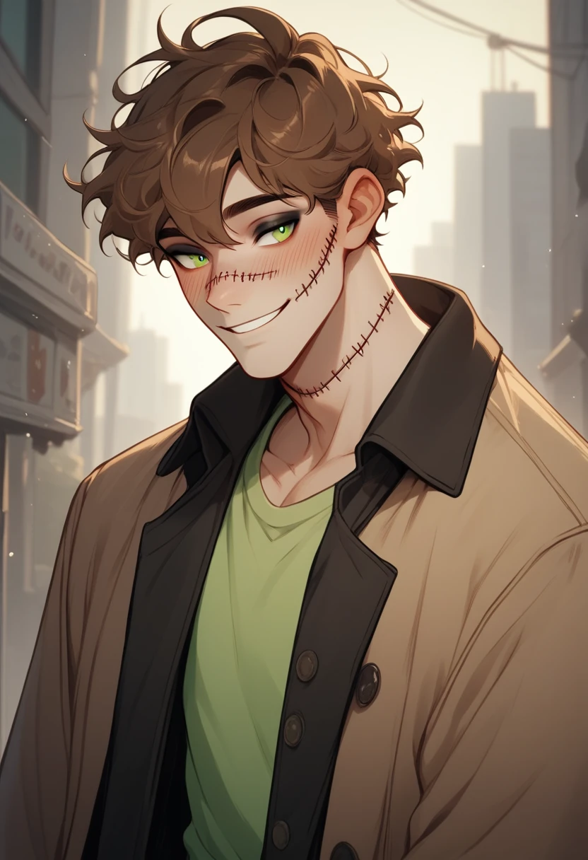 1man, brown hair, stitches, green eyes, coat, shirt, black eyeshadow, smile, blush, score_7_up, score_8_up, score_9_up
