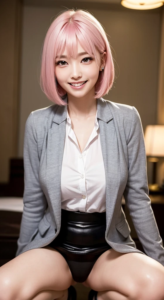 SFW, highest quality, Face Focus, Soft Light, Ultra-high resolution (Realistic:1.4), RAW Photos,
1 Japanese girl, alone, cute, cute, beautiful, (pupil, Light in your eyes), 細部までbeautiful顔, (Big breasts that match the style),(High resolution detail of human skin texture), (Show your teeth and smile:1.4)(Pink bob hair with bangs:1.2), Wearing a shirt with white buttons,wearing a tight-fitting grey formal suit jacket,Grey formal mini skirt with leather slits,Black Stockings,(Portraiture),Ultra HD,8k,Tabletop,looking at the camera,,Subjective,White, fine, delicate skin,Ultra-realistic,Super sexy big ,White Beauty,Japanese women,Close-up,Beautiful pink hair,Hotel room at night,Spread your legs out to the side,squat,photo shoot,Her panties are showing through the grey skirt she's wearing,Super sexy random color shiny silk pants line is perfectly cut into,4k,Flip up your skirt with both hands,Show off your super sexy random color shiny silk pants to your audience,Camel',Photorealistic,With toe