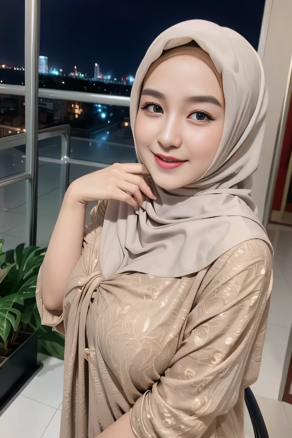 Cute Pakistani girl in hijab wearing patung dress with seducing pose, big smile, laughing, happy, big front teeth, bustling nighttime city, wearing hijab, bright golden color hijab, beauty skin, huge breast, nipple erected detailed, dark hairy pussy, thick thighs bright lighting, big round ass, cute face, slim abs, 35mm lens, Extreme close-up, pastel color grading, depth of field cinematography effect, romantic film genre, 8k resolution, high quality, ultra detail,