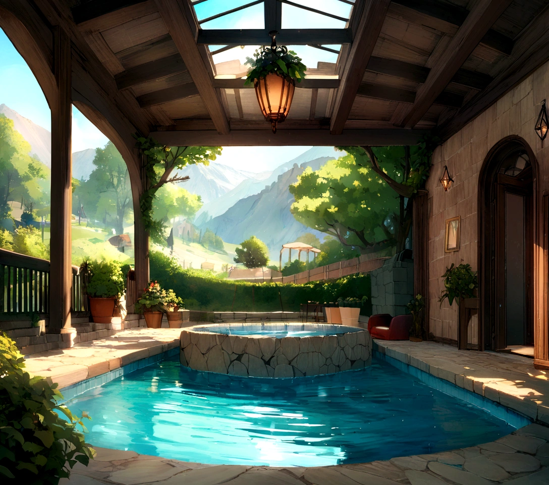 ((((masterpiece, Best Quality, High resolution)))), High detail, manga，anime，Illustrated style，Fantastic use of colors，Ghibli Studio「Howl&#39;s Moving Castle」Color usage, Medieval European fantasy worldview, Türkiye, Pamukkale, Holiday home with pool, courtyard, Sophisticated interior, A naturally occurring pool-like pond, Starry Sky, There is a beautiful hot spring pool in the center.、Sparkling water gushes out in the moonlight., Large space，There is no one，Ghibli Studioの魔女の宅急便のような雰囲気， RPG-like scenery, There is beer, wine and delicious food on the table., 空は満天のStarry Skyで、Blue and beautiful, And the crescent moon shines bright, Create a magical and cozy atmosphere, A calm and fantastic atmosphere at night.