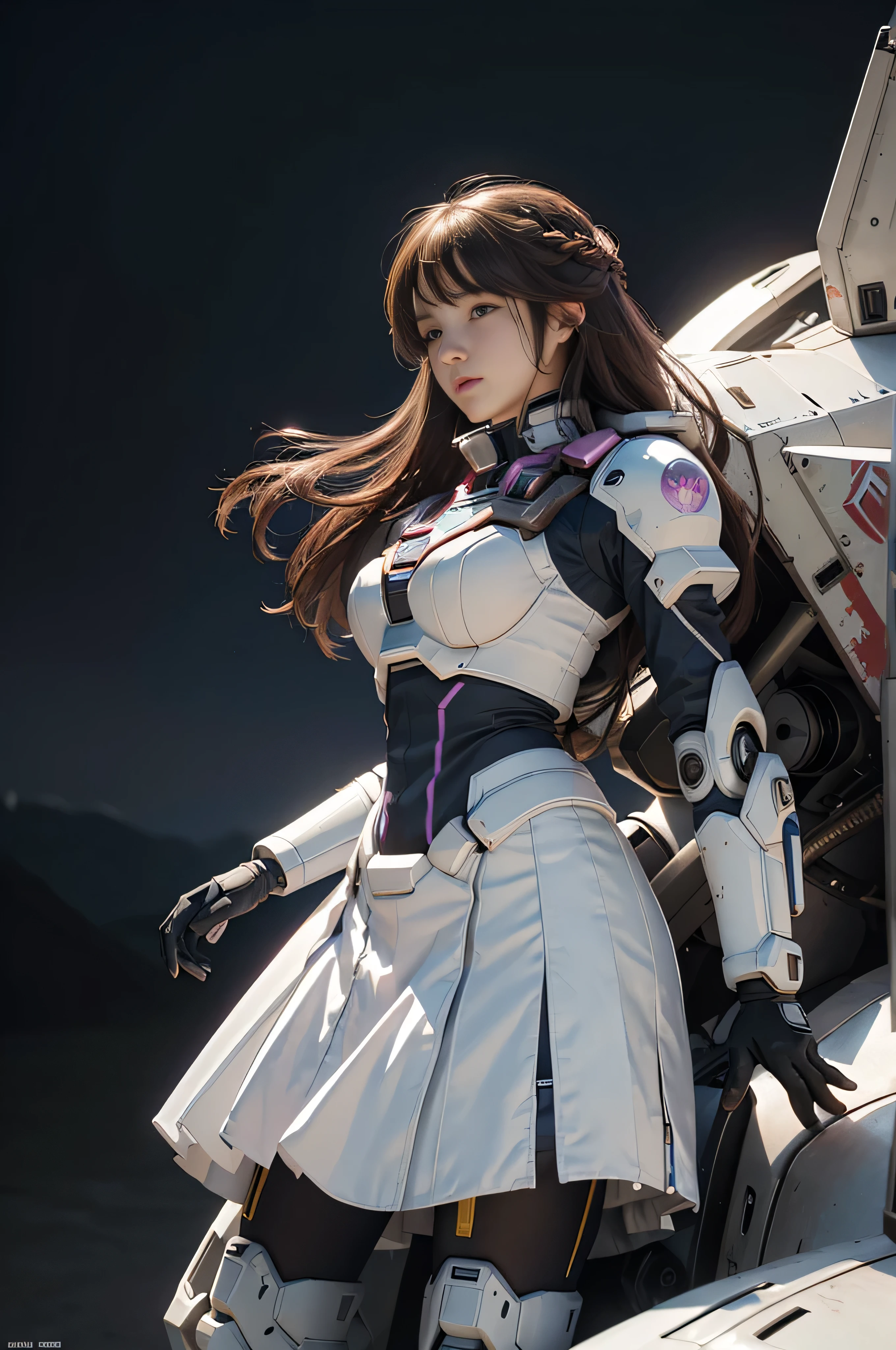 (RAW quality:1.4), masterpiece, Ultra HD Photos,, highest quality, Ultra-high resolution, Realistic, sunlight, whole bodyポートレート, Amazingly beautiful, , Dynamic pose, Delicate face, Vivid eyes, (Side view) Close-up of a woman in a pink and white Gundam costume, Dynamic Pose, Rapunzel with very long brown hair, Braid, girl in mecha cyber armor, portrait armored astronaut girl, d. va from overwatch, Female Mecha, to Gundam, Gundam Head, chiho aoshima color scheme, Mobile Suit, Streamlined purple armor, completely robot!! girl, Cleavage, (From the underbust to the lower abdomen, exposed bare skin), Thin pubic hair, Realistic cosplay, Gundam Armor (Dynamic pose) (Best Camera View), whole body