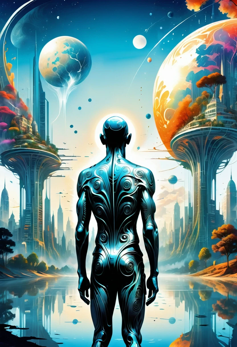 Dubrec style,Transparent figure back,Vision of the future utopian world image,(Multiple Exposure:1.8),Intricate illustration in surreal art style,surreal dreamscape,Future utopian world dream