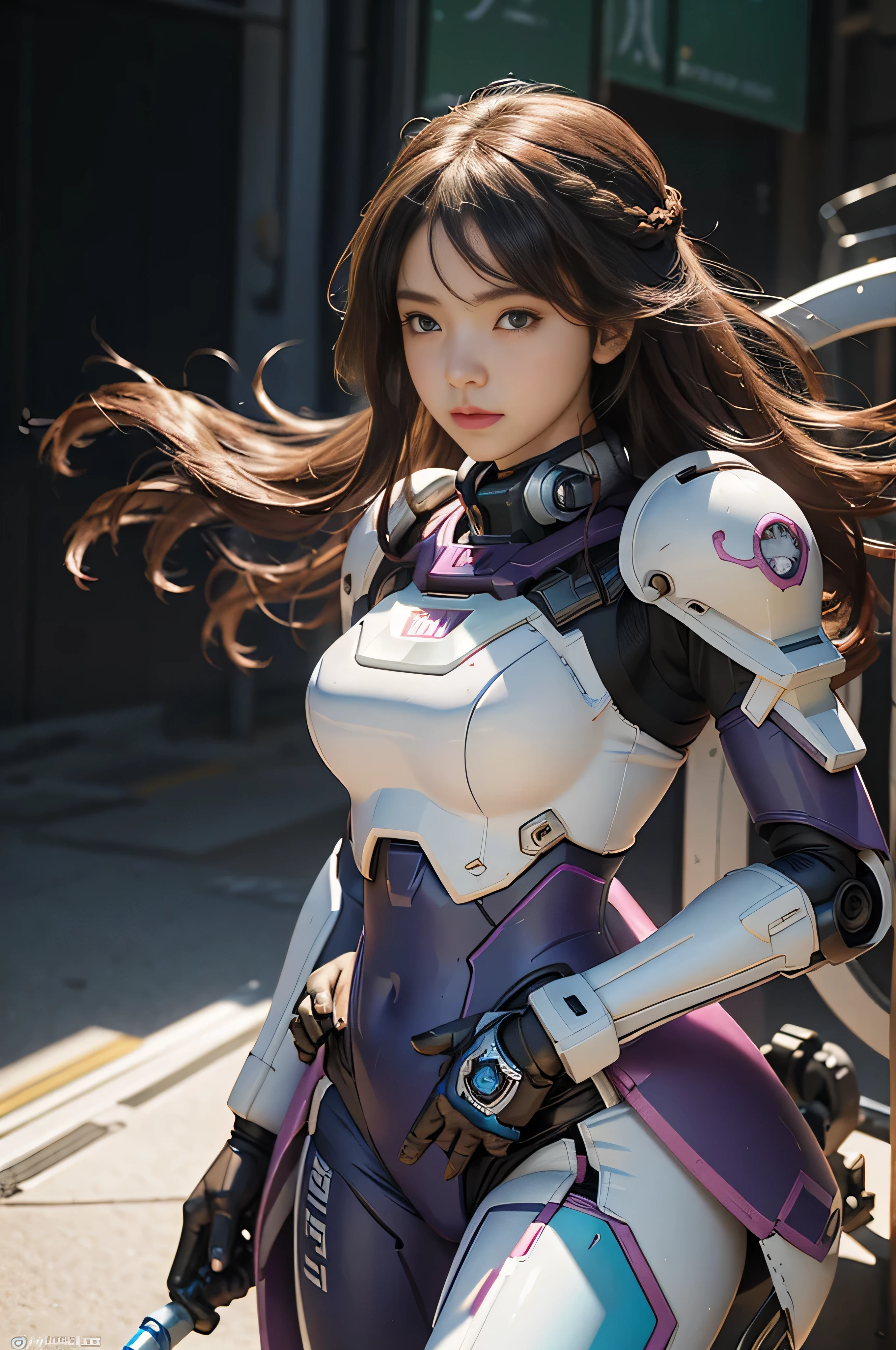 (RAW quality:1.4), masterpiece, Ultra HD Photos,, highest quality, Ultra-high resolution, Realistic, sunlight, whole bodyポートレート, Amazingly beautiful, 14 years old, Dynamic pose, Delicate face, Vivid eyes, (Side view) Close-up of a woman in a pink and white Gundam costume, Dynamic Pose, Rapunzel with very long brown hair, Braid, girl in mecha cyber armor, portrait armored astronaut girl, d. va from overwatch, Female Mecha, to Gundam, Gundam Head, chiho aoshima color scheme, Mobile Suit, Streamlined purple armor, completely robot!! girl, Cleavage, (From the underbust to the lower abdomen, exposed bare skin), Thin pubic hair, Realistic cosplay, Gundam Armor (Dynamic pose) (Best Camera View), whole body