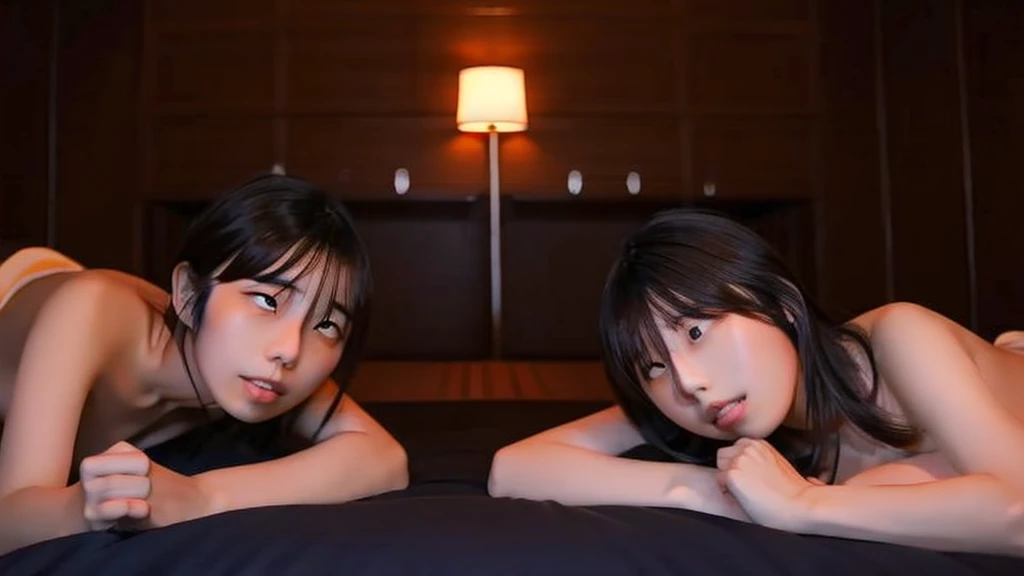 Kikuchi takes a selfie of herself and a Japanese man with long bangs, A luxury hotel room, Dark Room, Room lighting,Embrace,ahegao