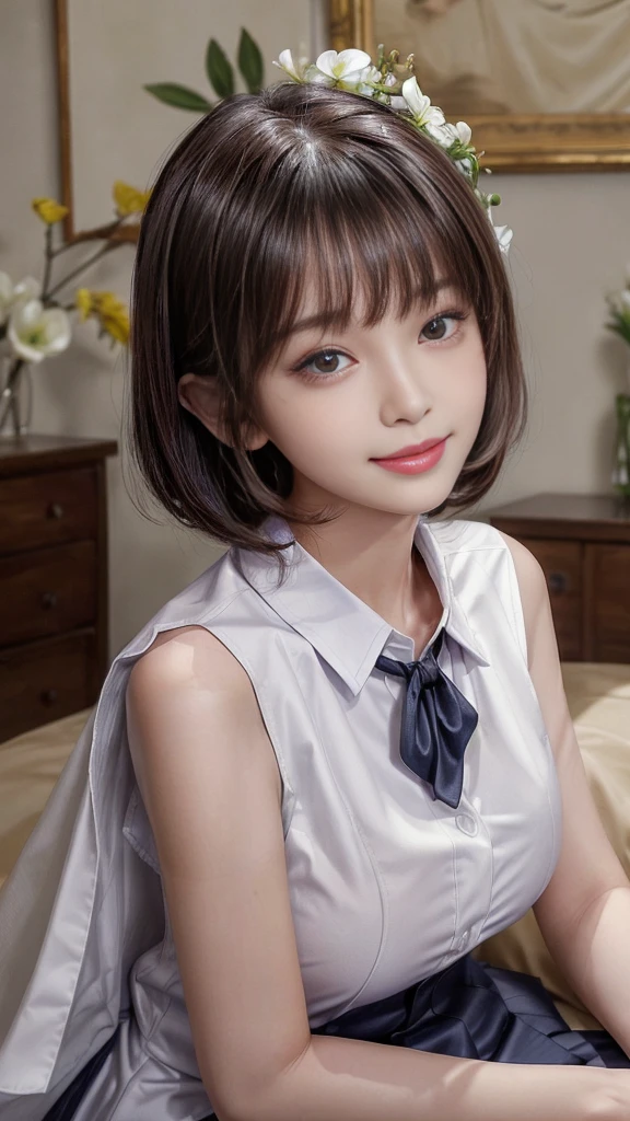 、Fashionable beautiful woman、Gentle and charming Chinese beauty、Korean、(Korean Idol)、Exquisite and sexy clavicle、Charming oval face、Double eyelids、Bright peach blossom eyes、Pink lips、a small nose、Bare shoulders、Close-up of face、(Extremely high definition、Super detailed)、白色露肩蕾丝shirt、((White lace)、fresh and impressive、 Nature、Sitting、(從Low Angle)、(shiny skin)、(Low Angle))、Perfect body、Areola、cleavage、armpit wrinkles、(((Template、best quality、Highly accurate))、1 girl、(Big 、Photo-realistic:1.4)、(((slightly higher than the camera、Looking at the camera、Look up、抬头Looking at the camera、 Staring at the camera)))、solo、shut your mouth、happy smiley face、Beautiful black hair、short hair、big eyes、Obvious double eyelids、eyelash、Stretch out your ears、Long Neck、Long Neck、Absolute area、((Close-up of face、short hairBangs))、19 years old、attractive proportions、shiny skin、Clean collarbone、Golden ratio face、perfect face、Tear moles、 moles on breast、Bangs、干净的Bangs、Beautiful bangs、Lip Gloss、Thin lips、White skin、i took off my clothes、Big breasts、a small face、Staring at the camera slightly upwards、((Smiling at the camera、Very very very very very very、Big breasts))、(((Uniforms、shirt、sleeveless)))