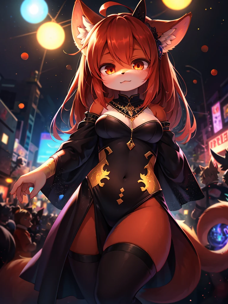 (((Vibrant Tokyo nightlife))), (((izakaya lanterns))), (bustling streets), friends enjoying drinks and traditional Japanese dishes, Succubus girl, (bat ears), (succubus horns), (black skin:1.8), red eyes, freckles, (red glowing hair), straight hair, big boobs:1.2, purple eyeshadow, red gloss, blush, (thick eyeliner), ((red eyebrows)), BREAK, Professional photography, BREAK, (red stockings:1.5), suspenders, lace trim, (((eclectic street fashion))), vibrant colors, (((mismatched patterns))), oversized accessories, bold skirt, playful creativity, (Harajuku district energy), designer high heels,