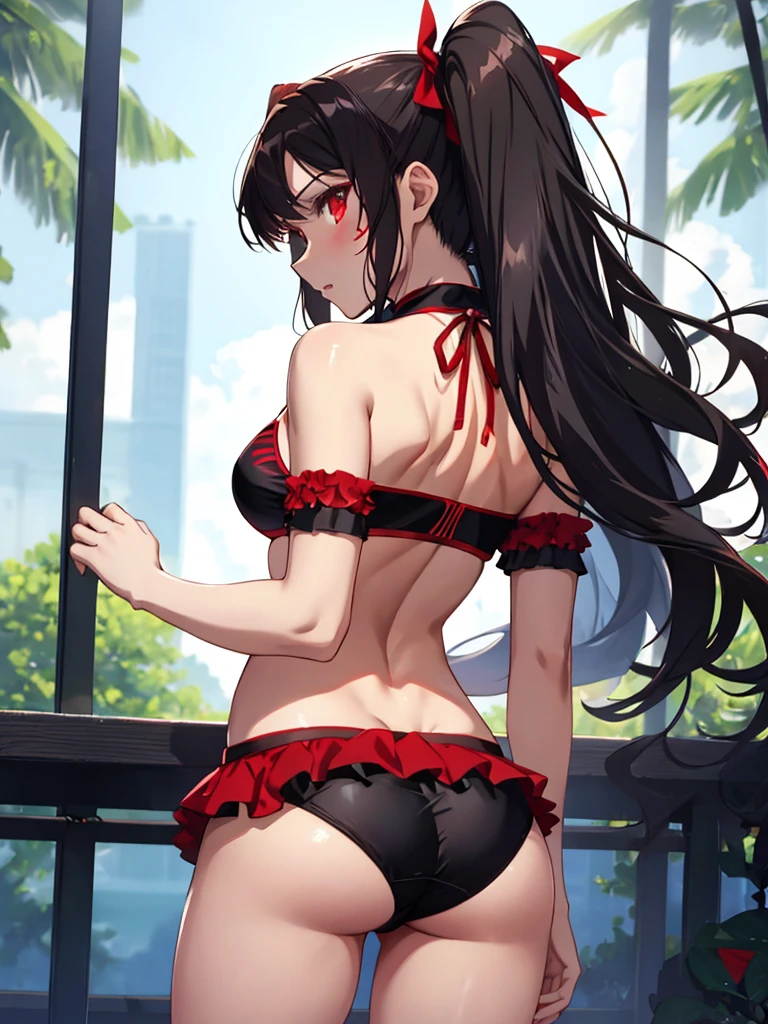 Tohsaka Rin、Back View, bikini、UHD, retina, masterpiece, ccurate, anatomically correct, textured skin, super detail, high details, high quality, best quality, highres, 4K