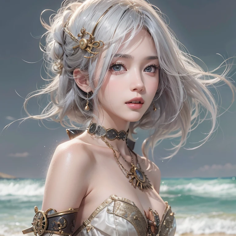 (masterpiece:1.3), (8k, Realistic, RAW Photos, Best image quality: 1.4), Fair-skinned fairy woman、Long Hair、Cleavage:2.0、Highly detailed face、Attention to detail、double eyelid、Chest to chest、Sharp focus:1.2、Beautiful woman:1.4、Silvery white hair、highest quality、masterpiece、超A high resolution、(Realistic:1.4)、Highly detailed and professionally lit smiles、Loose, Light, steampunk、Shoulders out、thin、Serious expression、Short-haired、Deadly position, one person、whole body,Walking on the beach、Gorgeous Necklace、