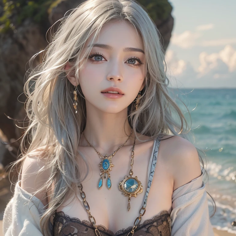 (masterpiece:1.3), (8k, Realistic, RAW Photos, Best image quality: 1.4), Fair-skinned fairy woman、Long Hair、Cleavage:2.0、Highly detailed face、Attention to detail、double eyelid、Chest to chest、Sharp focus:1.2、Beautiful woman:1.4、Silvery white hair、highest quality、masterpiece、超A high resolution、(Realistic:1.4)、Highly detailed and professionally lit smiles、Loose, Light, steampunk、Shoulders out、thin、Serious expression、Short-haired、Deadly position, one person、whole body,Walking on the beach、Gorgeous Necklace、