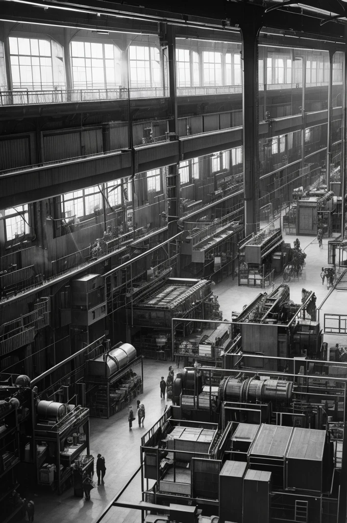 The interior of a factory with steam machines operating, and workers adapting to the new technology in 19th-century Berlin during the industrialization.