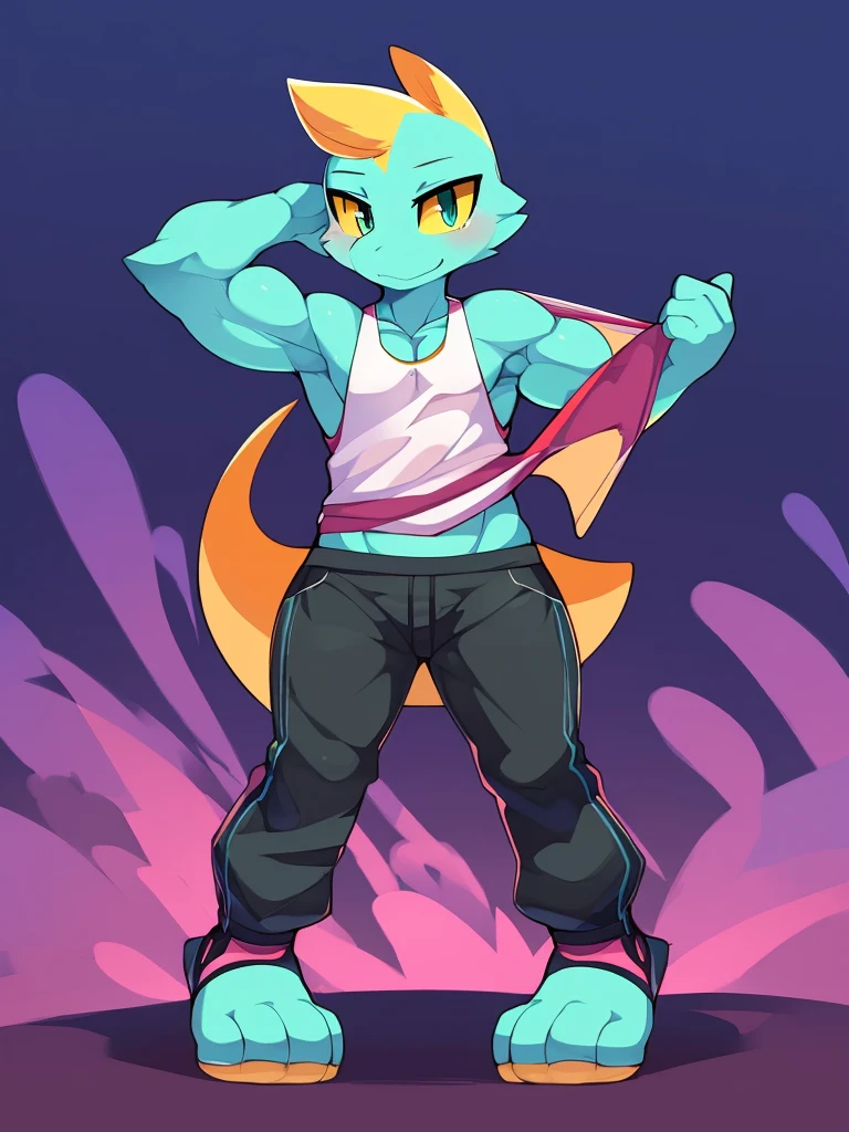 [lizard], (mayosplash), (wamudraws)], ((masterpiece)), ((HD)), ((solo portrait)), ((front view)), ((detailed shading)), ((beautiful render art)), ((intricate details)), cute teal eyes, (yellow sclera), (half-closed eyes), (medium boobs), (defined muscles), (beautiful feet), (clothing, topwear: tanktop, bottomwear:(pants:black) footwraps, stirrup footwear)),{(standing), (dynamic pose)}