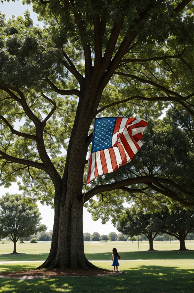 A girl was sadly crying under big tree full of tlpry flag her alone