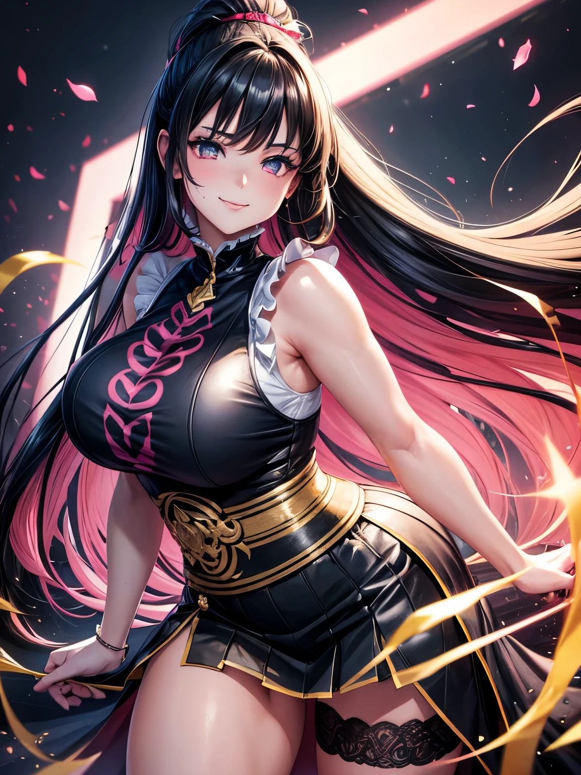 a 20 age chubby girl, your face has strong pink makeup, wearing a pleassed skirt,  sleeveless top,  darkgolden eyes, beautiful detailed eyes, sensual pose, suggestive pose, evil smile, very long hair, black hair, long black ponytail hair, light and transparent veil filling with charm and seduction, stunning beautiful artwork, maximalist, by artgerm, 8k anime artwork, 8k photo, trending on artstation. looking at the viewer, masterpiece, best quality