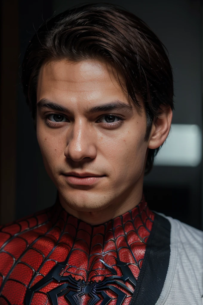 A photograph of spider man, no mask, 20 yo, handsome, detailed face, looking at camera, portrait, 8k uhd, high quality