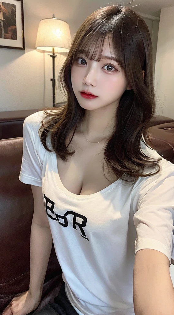 Tabletop, highest quality, figure, Super detailed, In detail, High resolution, 8k wallpaper, Perfect dynamic composition, Beautiful fine details, Natural Lip, T-shirt , Big Breasts, Cleavage, Random sexy poses, whole body,Lying on the sofa at night