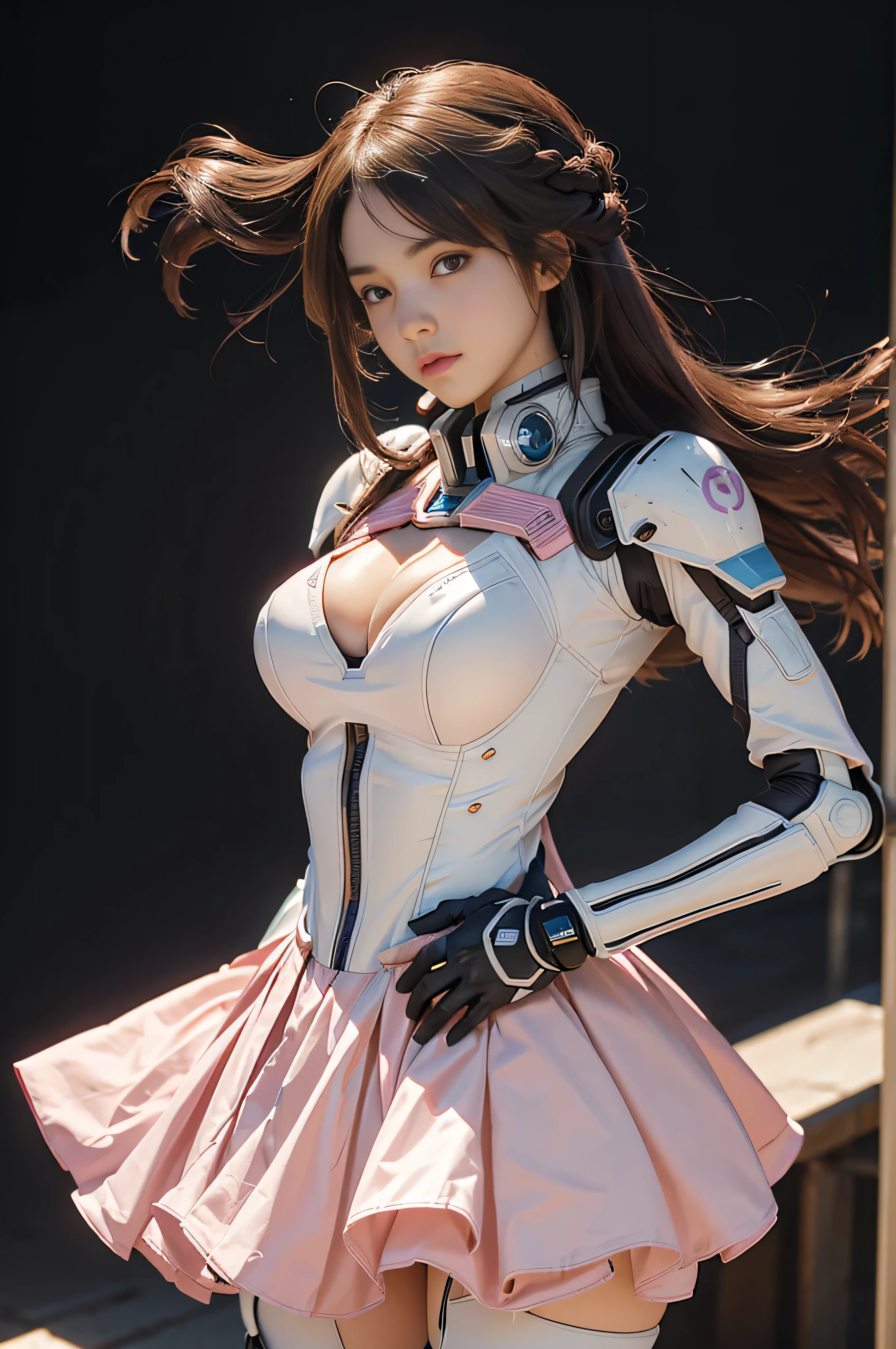 (RAW quality:1.4), masterpiece, Ultra HD Photos,, highest quality, Ultra-high resolution, Realistic, sunlight, whole bodyポートレート, Amazingly beautiful, , Dynamic pose, Delicate face, Vivid eyes, (Side view) Close-up of a woman in a pink and white Gundam costume, Dynamic Pose, Rapunzel with very long brown hair, Braid, girl in mecha cyber armor, portrait armored astronaut girl, d. va from overwatch, Female Mecha, to Gundam, Gundam Head, chiho aoshima color scheme, Mobile Suit, Streamlined purple armor, completely robot!! girl, Cleavage, (From the underbust to the lower abdomen, exposed bare skin:1.4), Thin pubic hair, Realistic cosplay, Gundam Armor (Dynamic pose) (Best Camera View), whole body