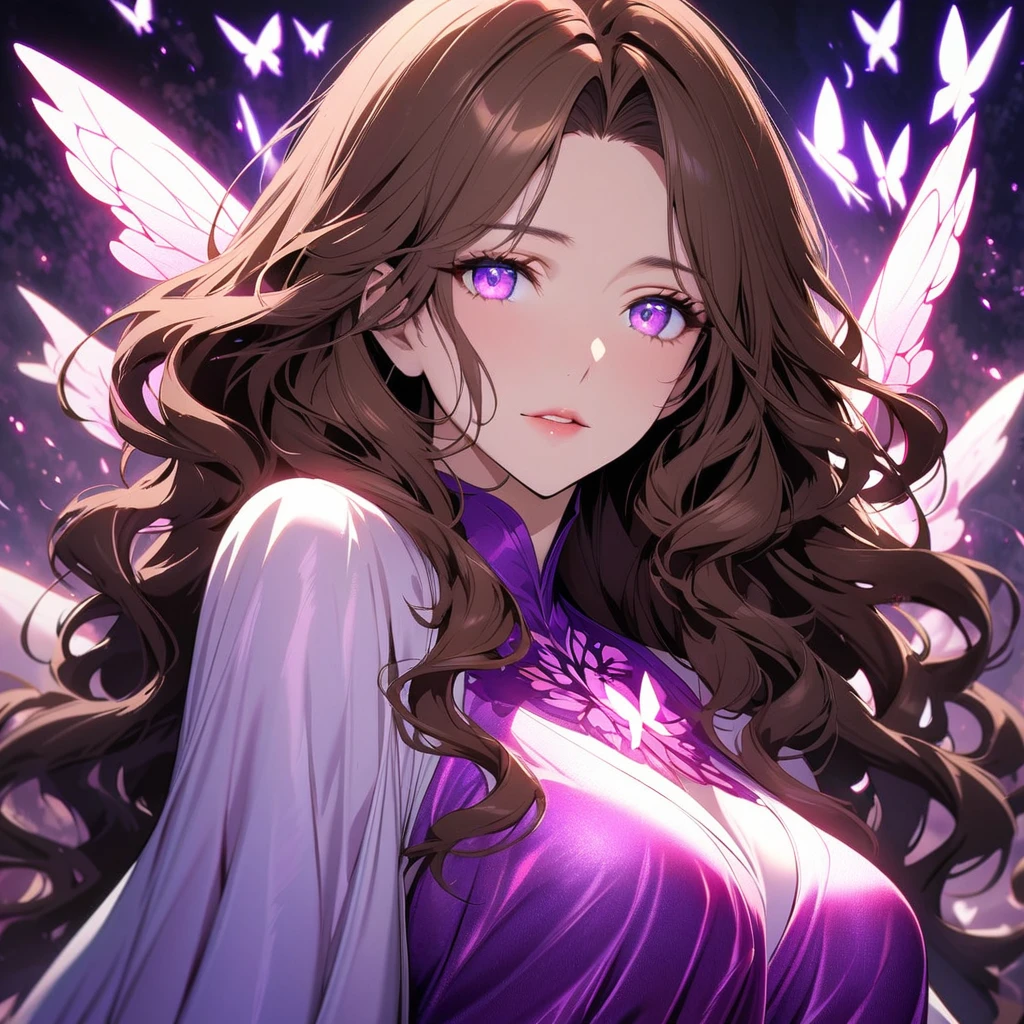 girl, brown hair, wavy hair, long hair, glowing purple eyes, magical silk fabric,   woman,  gorgeous, beautiful background, super detail,  beautiful color, glowing butter angel, main face, front face