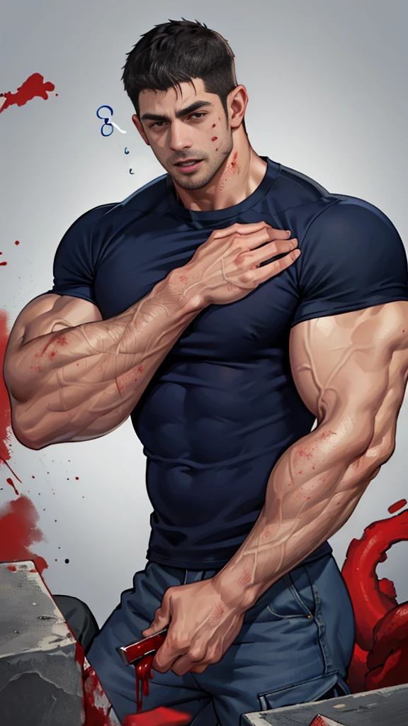  upper body shot, low camera angle, Chris Redfield kneeling, Shocked, open mouth wide, Arms beside the body, straight, front ,(black hair), smile open mouth, (Wear color navy round neck T-shirt: 1.5), (with a Police badge: 1.2), navy cargo, black glove, (blood splatters) ,( abrasions on face: 1.2), (Blood stains on the face and body: 1.2), Korean guy , korean men, (High gloss details), chest muscles, large arm muscles, blood vessel, Big muscles, Broad shoulders, looking at the audience, Balancing the eyes,  middle of