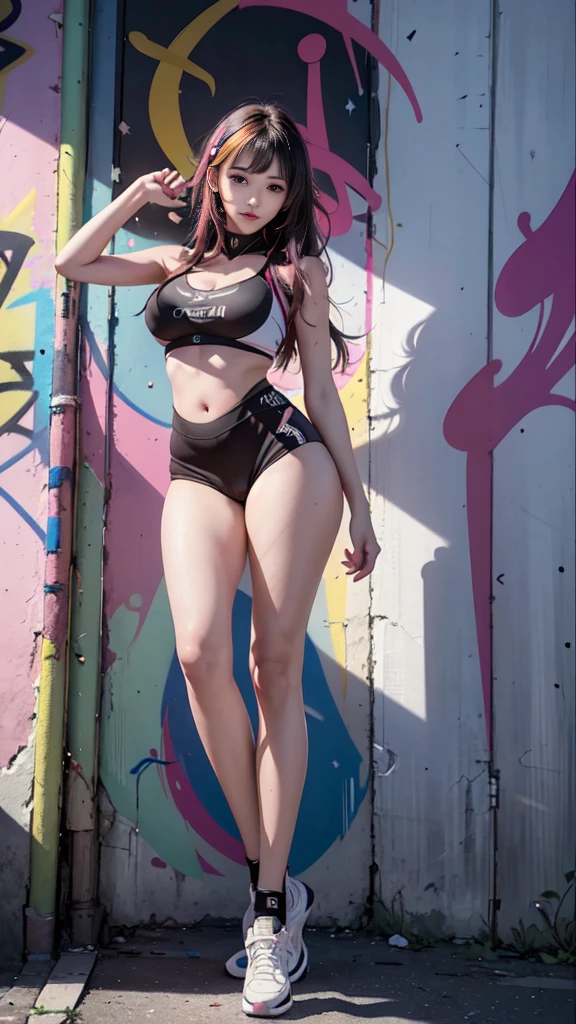 (best quality), masterpiece, Extremely detailed CG8K illustration, High Color, Extremely High Color saturation, All colors are deepened, , graffiti art, Central Composition, Extremely detailed lighting, Graffiti Wall, Walls painted bright colors, 1 girl graffiti 1 girl looking at the wall, Very detailed face and eyes, Medium Length Hair, Sportswear, Colorful Clouds