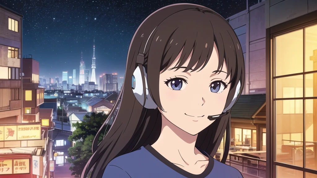 (High resolution, Best Quality, Masterpiece:1.2), (Realistic illustrations), Lo-fi Hip Hop, flat, 2.5D, Line art, Gouache color, Studio Ghibli style, Great colorful, Relaxed girl listening to music with headset, smile, はにかんだsmile, 80s city night view, bike