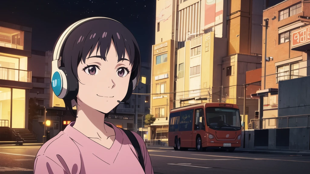 (High resolution, Best Quality, Masterpiece:1.2), (Realistic illustrations), Lo-fi Hip Hop, flat, 2.5D, Line art, Gouache color, Studio Ghibli style, Great colorful, Relaxed girl listening to music with headset, smile, はにかんだsmile, 80s city night view, bike