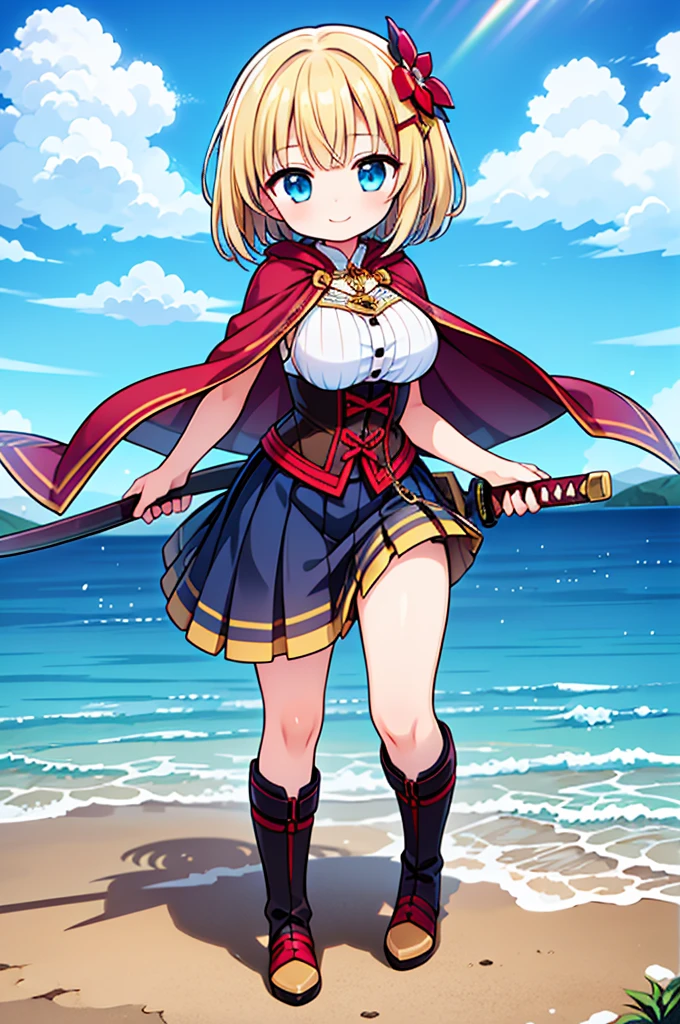 Fantasy,((Masterpiece)),((high resolution)),((Best Quality)),Anime illustration,((1girl)),(ウェーブがかったshort hair),(short hair),(Dark green hair),Braid,Large round light blue eyes,Droopy eyes,12 years old,baby face and big breasts,(very big breasts),(child),Short stature,,sleeveless white blouse,Blue mini skirt,slit,Brown corset,brown capelet,smile,Golden hair ornament,Brown long boots,blue sky,Snow Mountain,Full body image,battoujutsu,