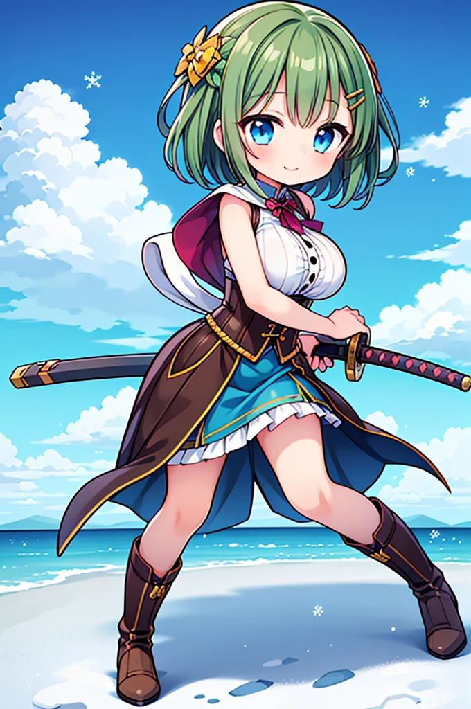 Fantasy,((Masterpiece)),((high resolution)),((Best Quality)),Anime illustration,((1girl)),(ウェーブがかったshort hair),(short hair),(Dark green hair),Braid,Large round light blue eyes,Droopy eyes,12 years old,baby face and big breasts,(very big breasts),(child),Short stature,,sleeveless white blouse,Blue mini skirt,slit,Brown corset,brown capelet,smile,Golden hair ornament,Brown long boots,blue sky,Snow Mountain,Full body image,battoujutsu,