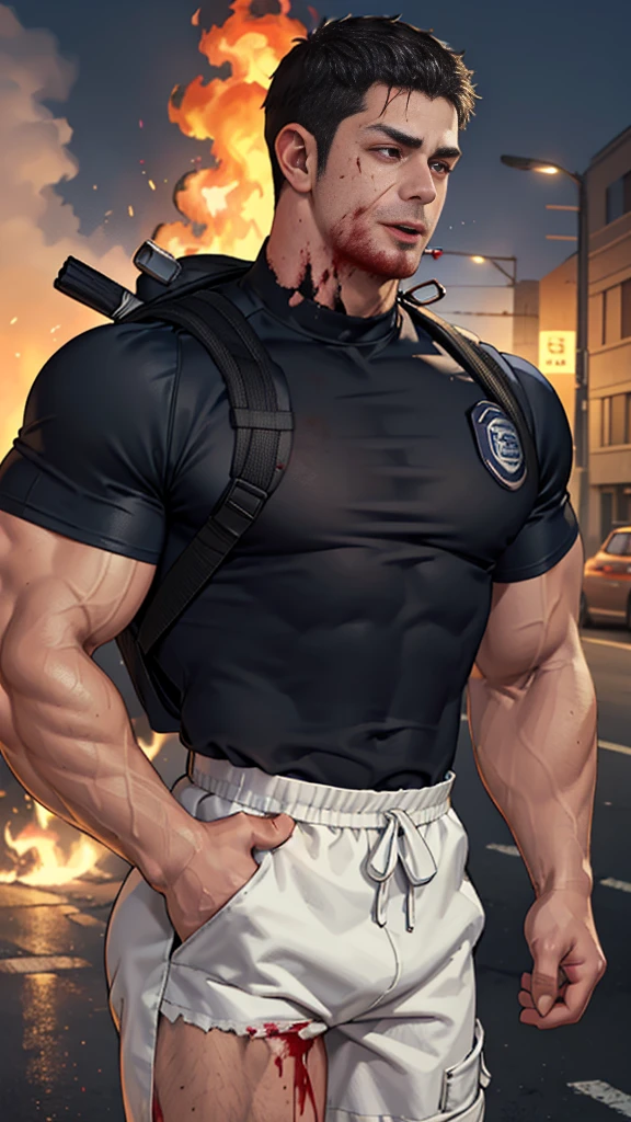 (Create a masterpiece: 1.2),(CGI art:1.3),(realistic:1.5),(After processing:1.3),(Sharp focus:1.3),1 man ,sunglass, straight, front ,Chris Redfield ,(black hair), smile open mouth, (Wear color navy round neck T-shirt with a Police badge: 1.2), navy cargo, , (wound: 1.1) , (blood splatters) ,( abrasions on face: 1.3), (Blood stains on the face and body: 1.3),  Korean guy , korean men, (High gloss details), chest muscles, large arm muscles, blood vessel, Big muscles, Broad shoulders, looking at the audience, Balancing the eyes, middle of the road , (Carrying a black backpack: 1.3) ,(Fire blazes behind)