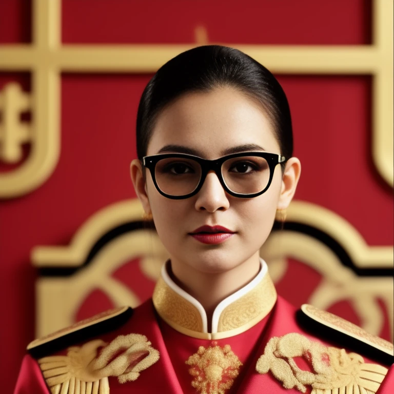 Araaf woman in a red dress and glasses poses for a photo., Empress of China, queen of the sea Mu Yanling, closeup Portrait, Chinese princess, Inspired by Guo Xi, Portrait, traditional chinese, Portrait of a modern Darna, Inspiration from Min Zhen, Chinese style, du juan's cover photo, Inspired by Xie Huan