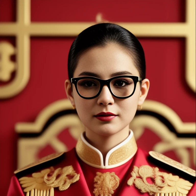 Araaf woman in a red dress and glasses poses for a photo., Empress of China, queen of the sea Mu Yanling, closeup Portrait, Chinese princess, Inspired by Guo Xi, Portrait, traditional chinese, Portrait of a modern Darna, Inspiration from Min Zhen, Chinese style, du juan's cover photo, Inspired by Xie Huan