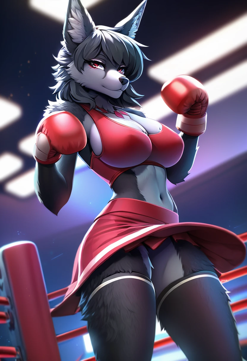 Detailed image, High quality, 4K, detailed face, anime style, single female black jackal, furry, Fluffy fur, lush breasts, pretty haircut, in a sexy boxing outfit, in short skirt, in boxing gloves, stands near the boxing ring 