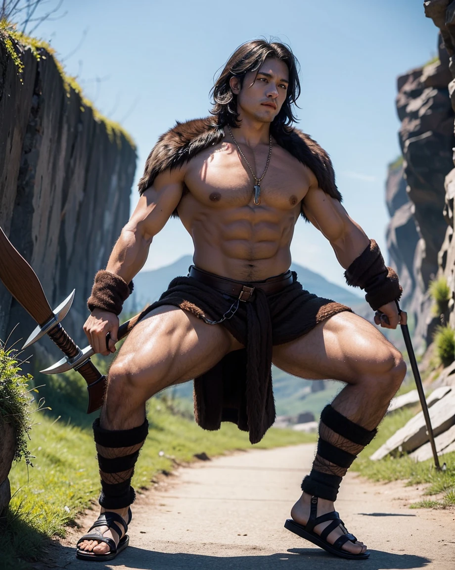 Man with short black hair and brown eyes, fair skin and clean-shaven, dressed in short orange medieval barbarian fur clothes, weilding giant axe, sandals; fullbody; short hair, masculine, athletic