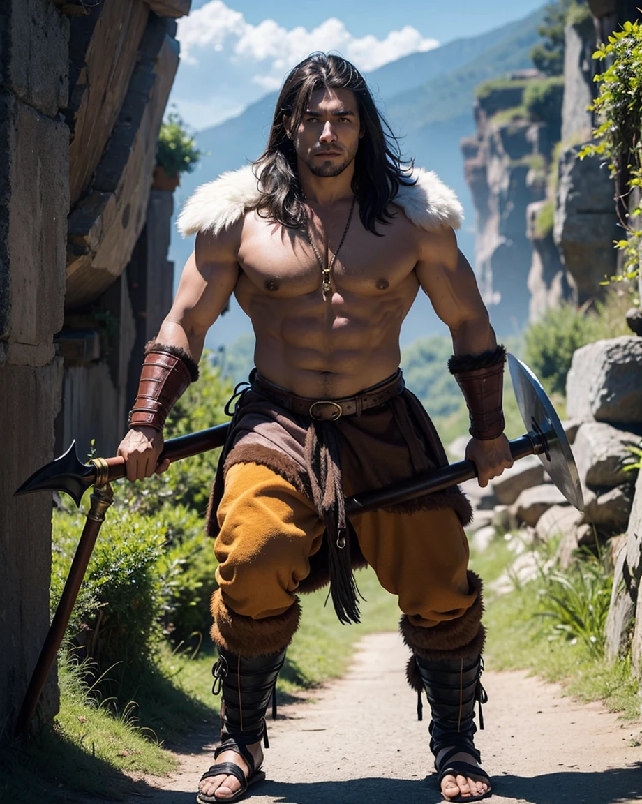 Man with short black hair and brown eyes, fair skin and clean-shaven, dressed in short orange medieval barbarian fur clothes, weilding giant axe, sandals; fullbody; short hair, masculine, athletic