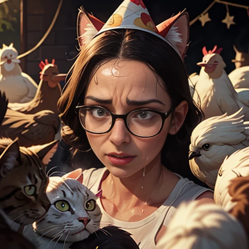 A woman in her mid 30s, crazy cat lady, pale skin, wearing glasses, surrounded by many cats and chickens, party hat, chaotic backyard, held hostage,(sweat dripping from her forehead:1.3), (scared:1.2), uneasy expression, (confused:1.2), intricate details, oil painting, cinematic lighting, highly detailed, dramatic, masterpiece, digital art