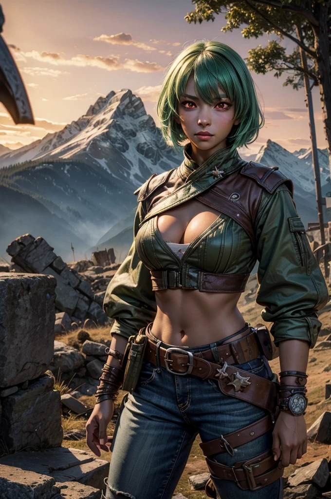 emeraldsustrai, emerald sustrai, short hair, (red eyes:1.5), green hair, dark skin, dark-skinned female, BREAK navel, cleavage, midriff, belt, cleavage cutout, chaps, BREAK near ancient temple ruins, pillars, on top of mountain, BREAK mountains in background, waterfall, bonfires, (crowd, (crowd in military dress)), wrecked vehicles, (volumetric lighting), intricate details, tonemapping, sharp focus, hyper detailed, (cowboy shot:1.5), BREAK (masterpiece:1.2), best quality, high resolution, unity 8k wallpaper, (illustration:0.8), (beautiful detailed eyes:1.6), extremely detailed face, perfect lighting, extremely detailed CG, (perfect hands, perfect anatomy),