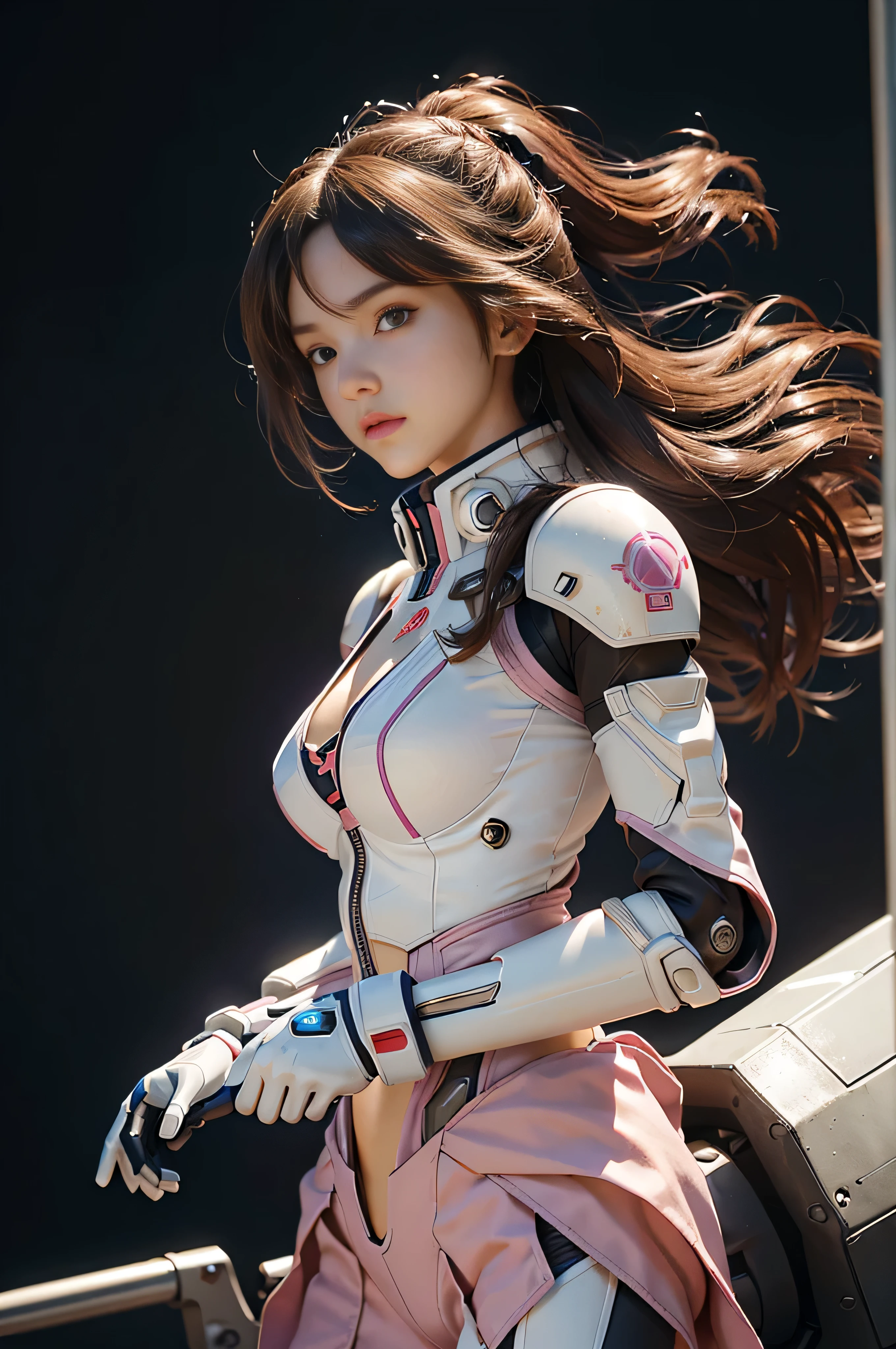 (RAW quality:1.4), masterpiece, Ultra HD Photos,, highest quality, Ultra-high resolution, Realistic, sunlight, whole bodyポートレート, Amazingly beautiful, , Dynamic pose, Delicate face, Vivid eyes, (Side view) Close-up of a woman in a pink and white Gundam costume, Dynamic Pose, Rapunzel with very long brown hair, Braid, girl in mecha cyber armor, portrait armored astronaut girl, d. va from overwatch, Female Mecha, to Gundam, Gundam Head, chiho aoshima color scheme, Mobile Suit, Streamlined purple armor, completely robot!! girl, Cleavage, (From the underbust to the lower abdomen, exposed bare skin:1.4), Thin pubic hair, Realistic cosplay, Gundam Armor (Dynamic pose) (Best Camera View), whole body
