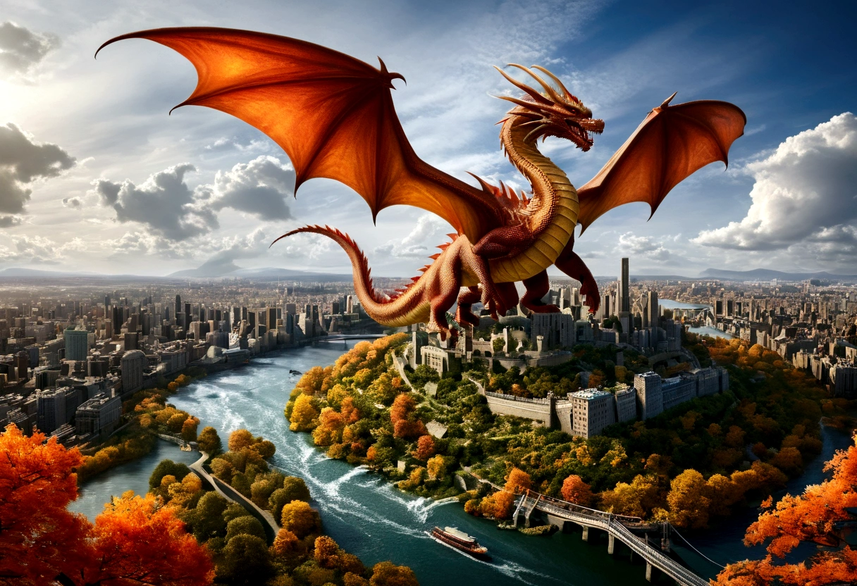 ((picture taken  from the back of dragon: 1.5)), arafed, a picture of a dragon flying above a modern city, modern city is laid underneath, there is river beneath the dragon, its shadow is cast on the water dragon wings spread wide, dynamic color dragon, you see the back of the dragon, its majestic wings, its tail and the city and river it is flying above, , panoramic view (Masterpiece, intense details: 1.5) , Wide-Angle, Ultra-Wide Angle, dynamic light, Cinematic Hollywood Film style