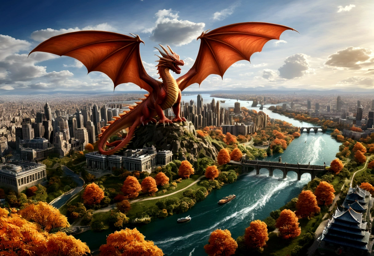 ((picture taken  from the back of dragon: 1.5)), arafed, a picture of a dragon flying above a modern city, modern city is laid underneath, there is river beneath the dragon, its shadow is cast on the water dragon wings spread wide, dynamic color dragon, you see the back of the dragon, its majestic wings, its tail and the city and river it is flying above, , panoramic view (Masterpiece, intense details: 1.5) , Wide-Angle, Ultra-Wide Angle, dynamic light, Cinematic Hollywood Film style