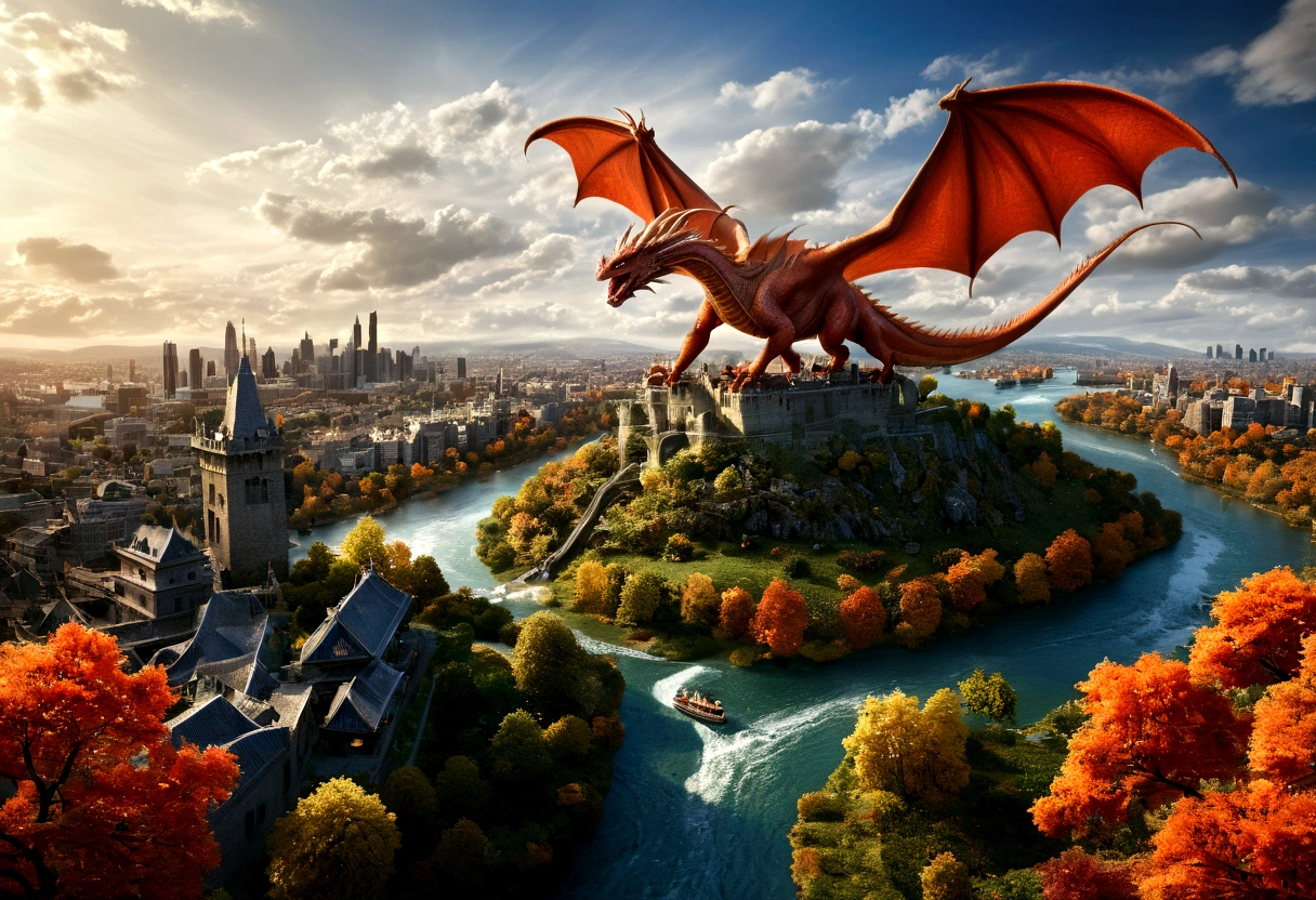 ((picture taken  from the back of dragon: 1.5)), arafed, a picture of a dragon flying above a modern city, modern city is laid underneath, there is river beneath the dragon, its shadow is cast on the water dragon wings spread wide, dynamic color dragon, you see the back of the dragon, its majestic wings, its tail and the city and river it is flying above, , panoramic view (Masterpiece, intense details: 1.5) , Wide-Angle, Ultra-Wide Angle, dynamic light, Cinematic Hollywood Film style