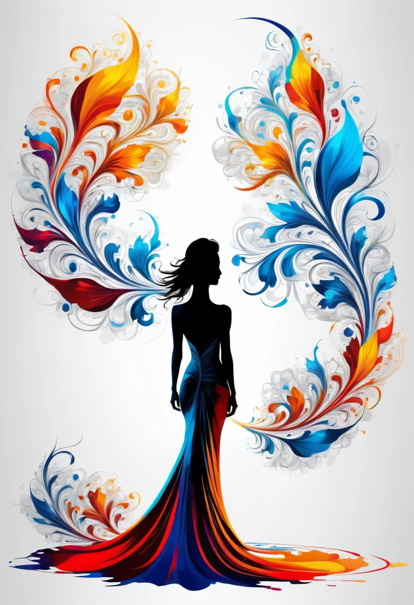Thin, Fine fractal,smooth,vivid,Color ink,sketch,Shiny silhouette,Perfect physique woman back silhouette