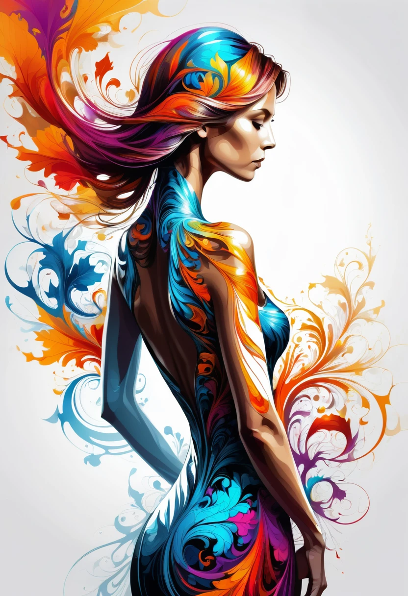 Thin, Fine fractal,smooth,vivid,Color ink,sketch,Shiny silhouette,Perfect physique woman back silhouette