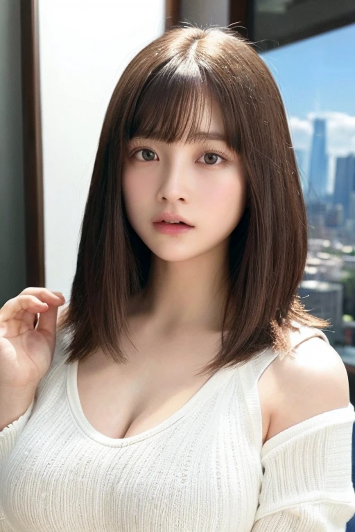 ((highest quality、8k、masterpiece:1.3))、detailed 女性:1.3、(Medium Hair、Huge boobs:1.4)、Clothes that accentuate the bust、Open-chested clothing、Clothes with exposed shoulders、超detailed、detailed、eyelid、Tokyo cityscape、Cleavage:2